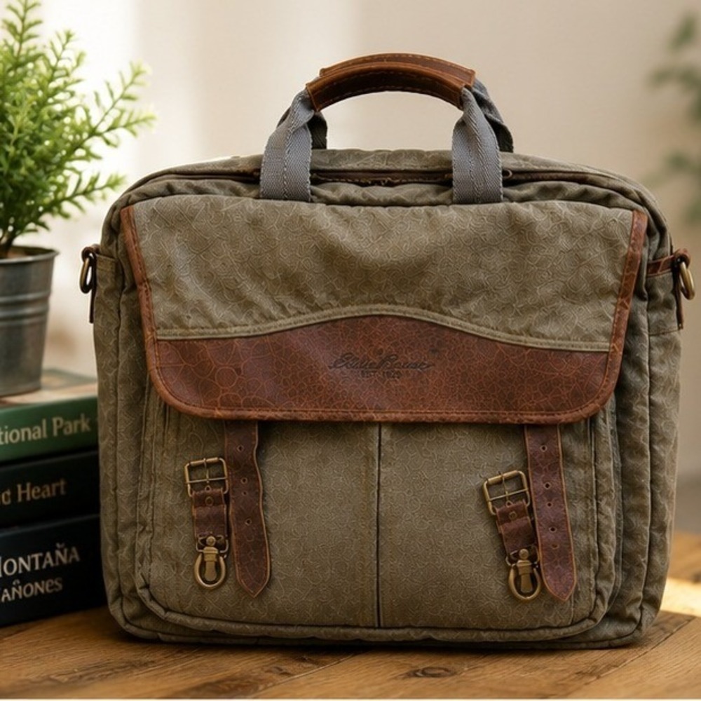 Eddie Bauer Messenger Bag Canvas Leather Olive Green Laptop Briefcase Travel